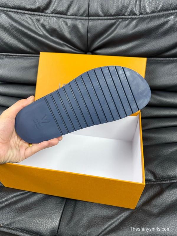 2025 Men Louis Vuitton Blue Leather Slippers AS00170
