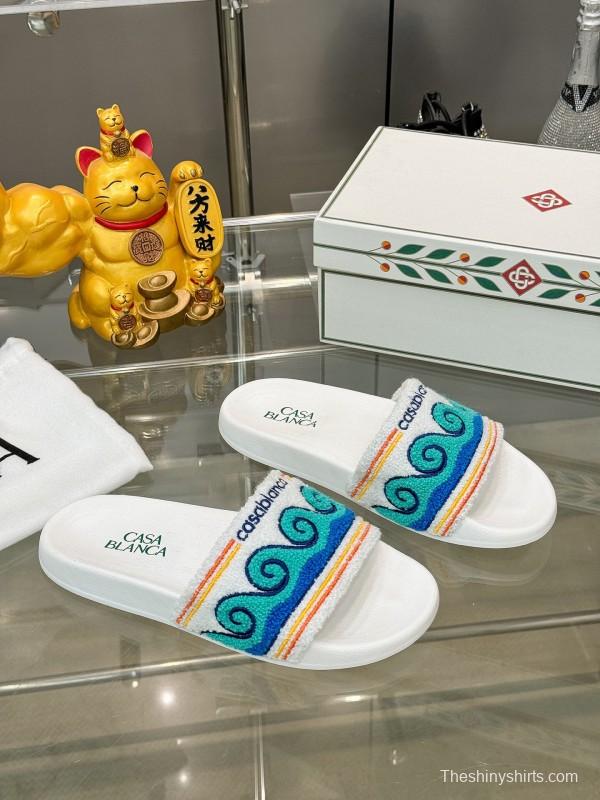 2025 Men CASA BLANCA Blue White Embroidered Slippers KFY00160